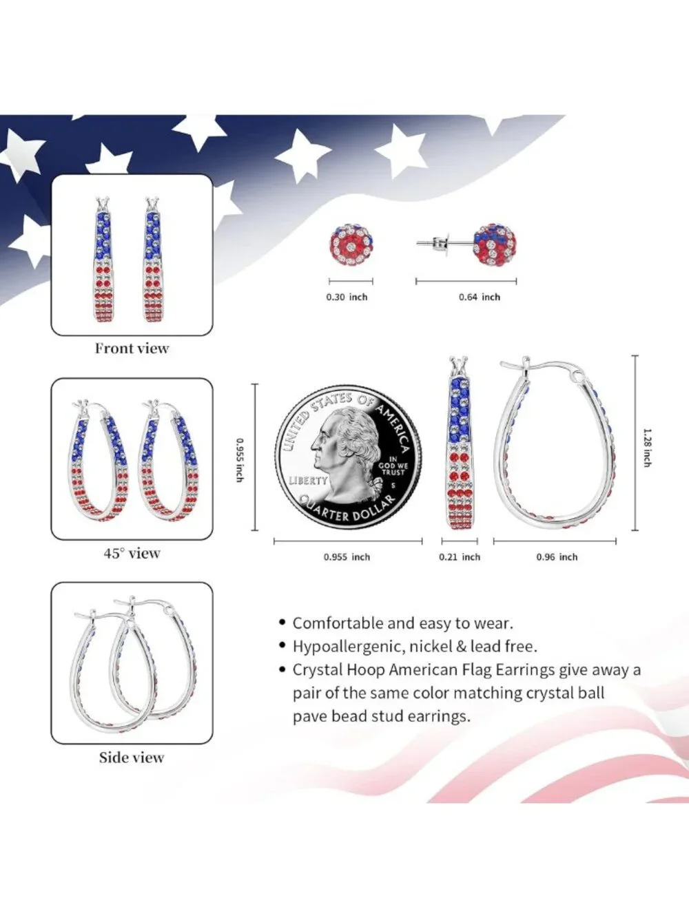 Sparkly Crystal Hoop Earrings - Patriotic Red, White & Blue Silver Plated